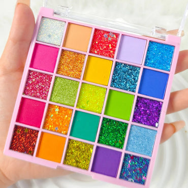 A 25-color vibrant glitter eyeshadow palette with matte, shimmer, and sparkle effects, perfect for Halloween stage shows
