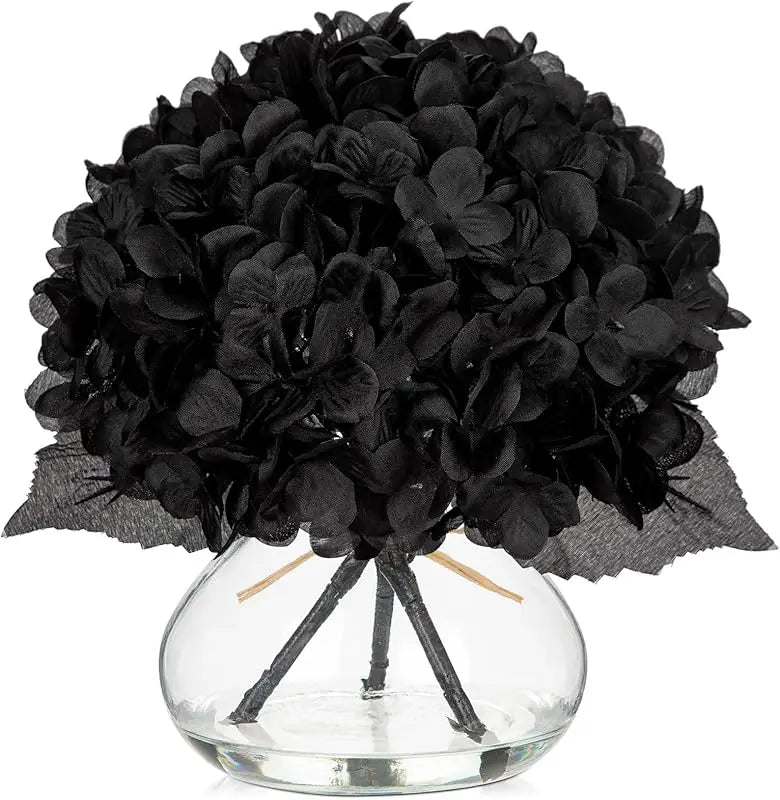 Silk Hydrangea Artificial Flowers in Glass Vase with Faux Water - Home Bathroom Office Table & Shelf Centerpiece Decorations