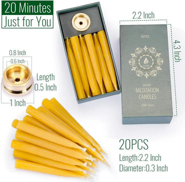 20-Minute Dripless Beeswax Candles, Set of 20 with Brass Holders for Meditation and Relaxation
