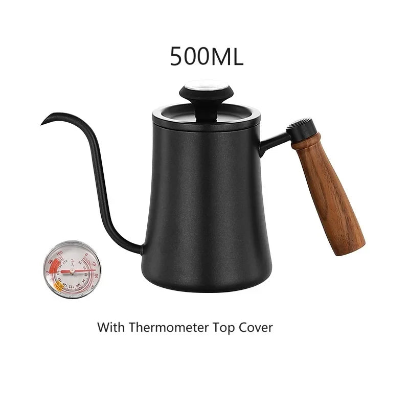 Portable Stainless Drip Jug Coffee Kettle With Thermometer 500 ML Goose Neck Kettle Camping Coffee Pot Wooden Handle Tea Pot