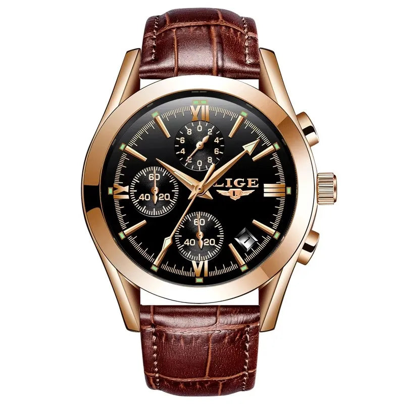 LIGE Fashion Mens Watches Top Brand Luxury Military Quartz Watch Premium Leather Waterproof Sport Chronograph Watch for Man+Box