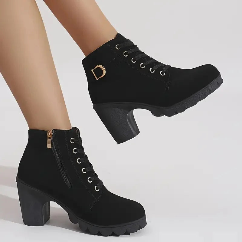 Women's Winter Warm Ankle Boots: Thick Sole & High Heel - Black PU Leather, Side Zipper with Lace-Up Detail, Plain Toe | Chic Ev