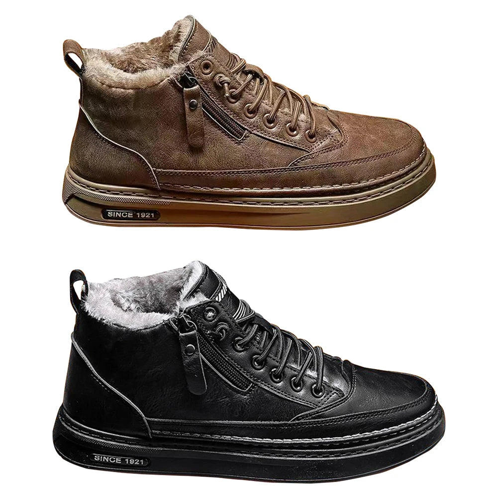 PU Leather Warm Plush Shoes Waterproof Short Snow Boots Lightweight Boots Comfortable Mens Thickened for Outdoor Travel