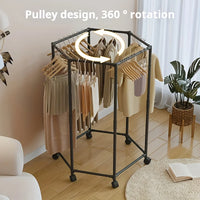 Hexagonal rotating clothes hanger, self-supporting vertical clothing hanger, suitable for laundry rooms and home storage to save
