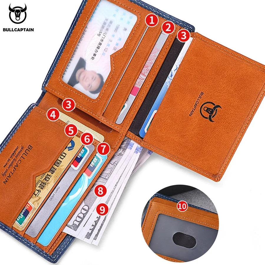 BULLCAPTAN Genuine Leather Men's Wallet RFID Function Fashion Men's Card Clip Wallet Latest Gift Box Men's Business Wallet QB032