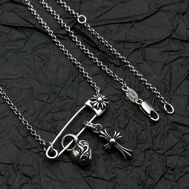 S925 Sterling Silver, Retro and Old Peach Heart Cross Pin Necklace, European and American Men's and Women's Personalities