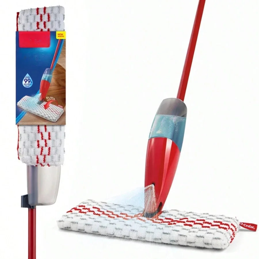 Microfiber spray mop, reusable and machine washable, absorbs dirt without moving it,The head revolves 180 degrees.