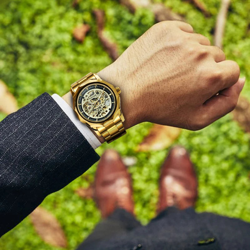 Business Luxury Skeleton Automatic Mechanical Watch for Men Luminous Hands Stainless Steel Strap Fashion Mens Watches WINNER New
