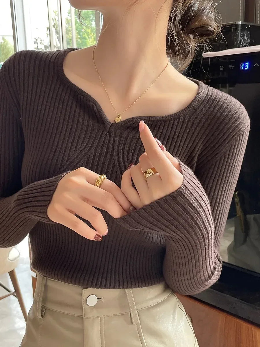 2025 Basic V-neck Chic  Autumn Winter Pullover Women Female Knitted Ribbed Sweater Slim Long Sleeve Badycon High Quality Sweater