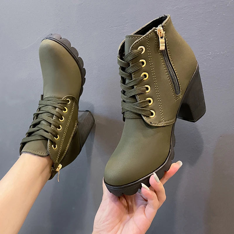 Women's Winter Warm Ankle Boots: Thick Sole & High Heel - Black PU Leather, Side Zipper with Lace-Up Detail, Plain Toe | Chic Ev