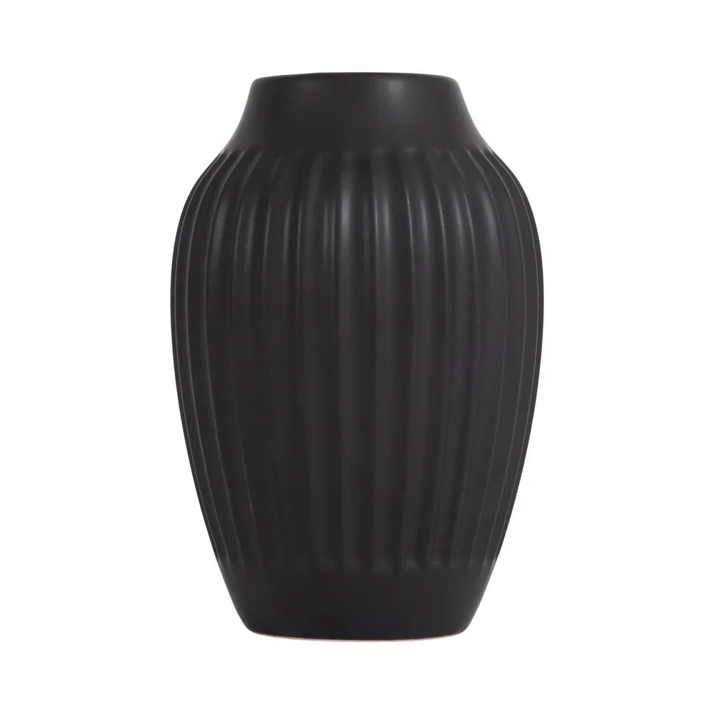 Ribbed Matte Black Ceramic Curved Vase Tabletop Decorative Flower Arrangements Elegant Home Decor Gift Idea Indoor Use