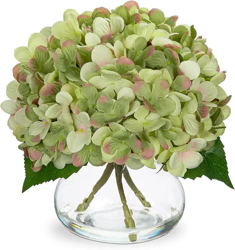 Silk Hydrangea Artificial Flowers in Glass Vase with Faux Water - Home Bathroom Office Table & Shelf Centerpiece Decorations