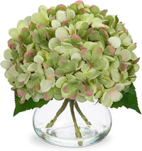 Silk Hydrangea Artificial Flowers in Glass Vase with Faux Water - Home Bathroom Office Table & Shelf Centerpiece Decorations