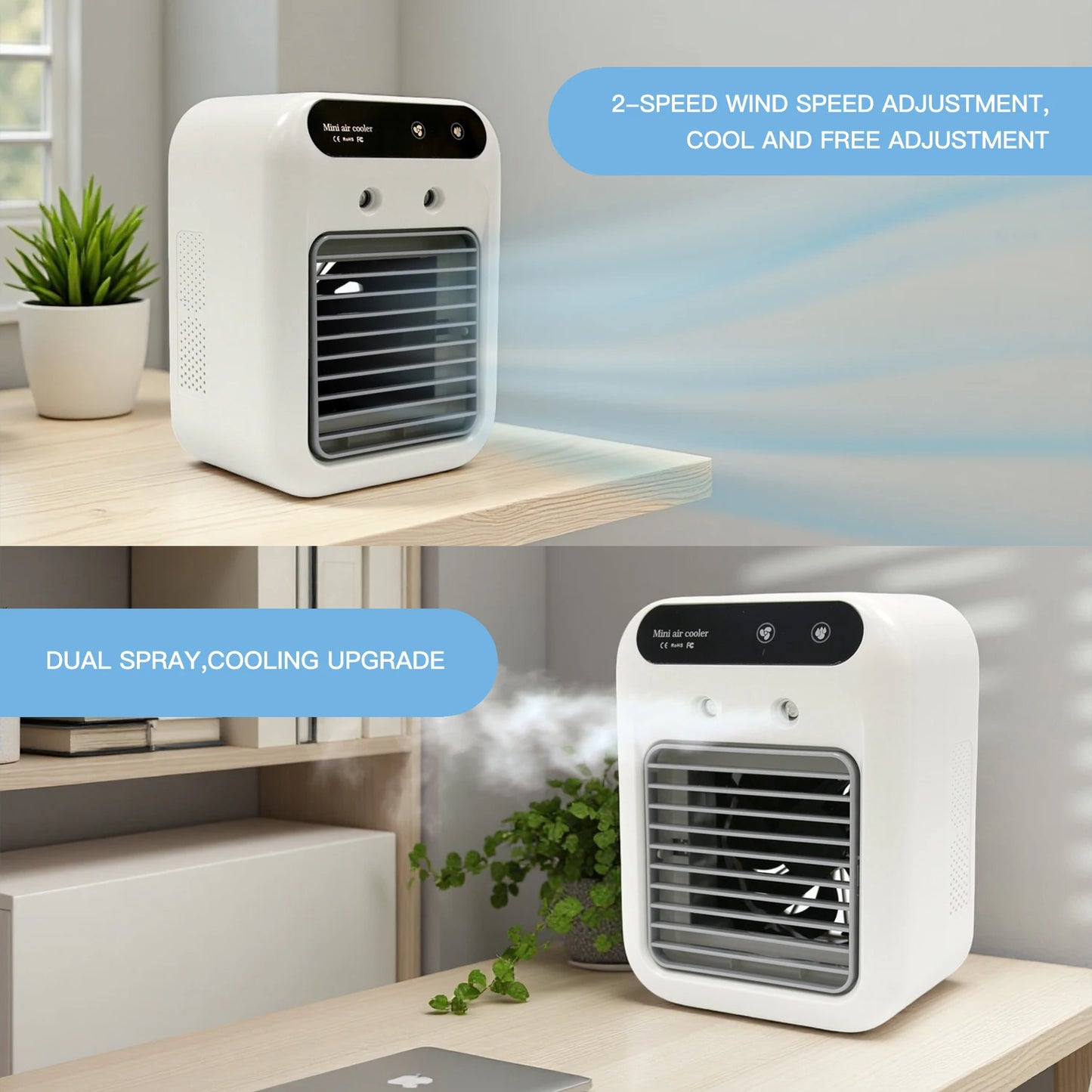Portable USB Mini Air Conditioner Fan with 2 Speeds, Touch Control & Mist Spray for Office & Dorm, Fast 3-Second Cooling