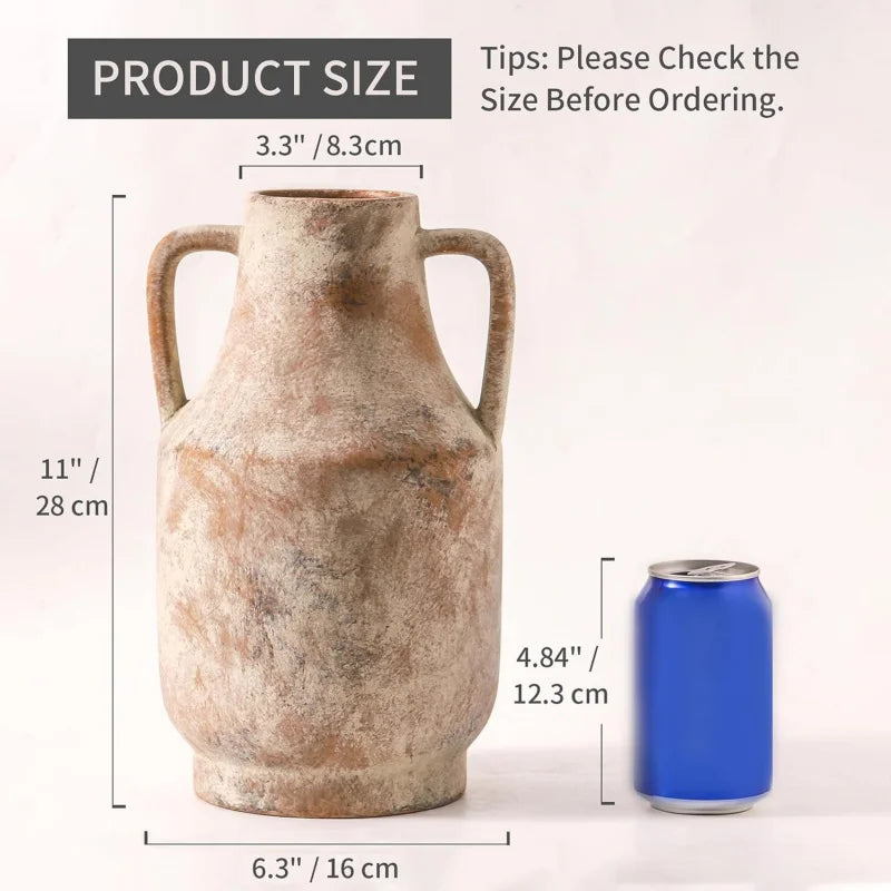 11 Inch Large Ceramic Terracotta Vase with Handles Farmhouse Rustic Style for Home Living Room Table Centerpiece Decor