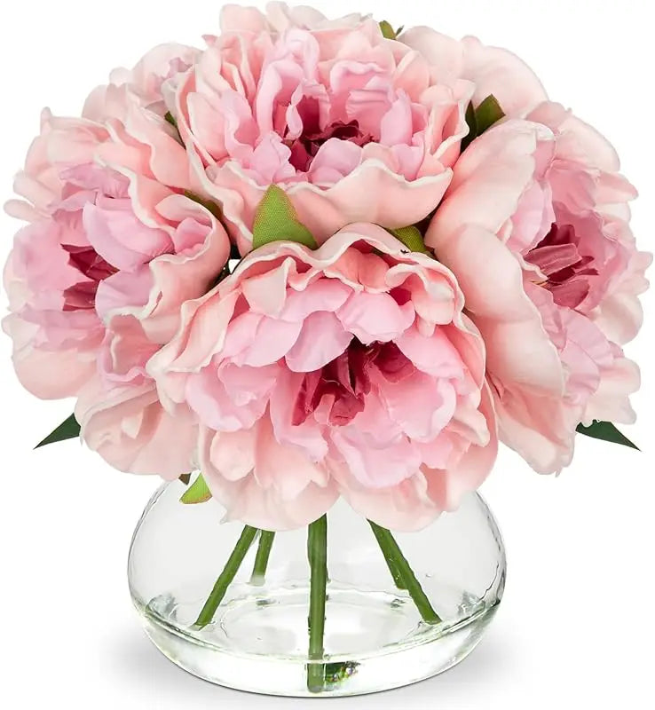 Silk Hydrangea Artificial Flowers in Glass Vase with Faux Water - Home Bathroom Office Table & Shelf Centerpiece Decorations