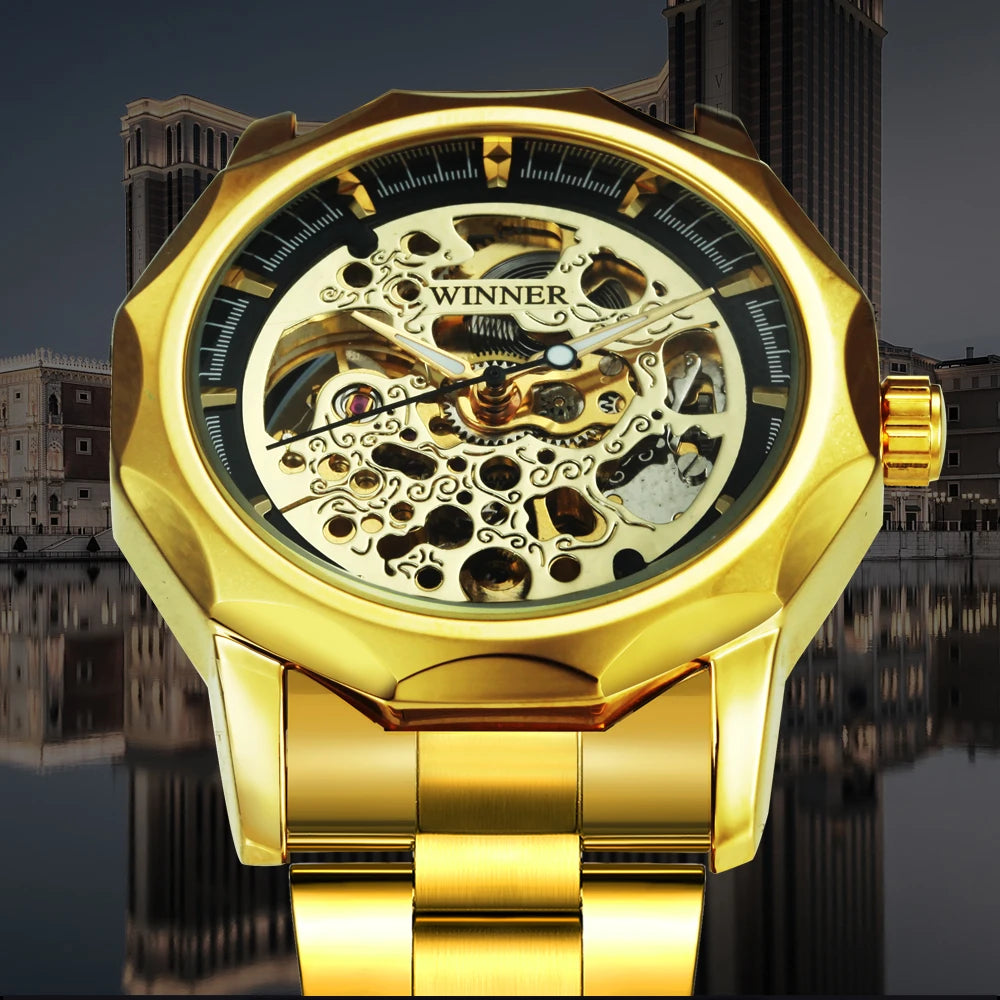 Business Luxury Skeleton Automatic Mechanical Watch for Men Luminous Hands Stainless Steel Strap Fashion Mens Watches WINNER New