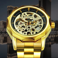 Business Luxury Skeleton Automatic Mechanical Watch for Men Luminous Hands Stainless Steel Strap Fashion Mens Watches WINNER New