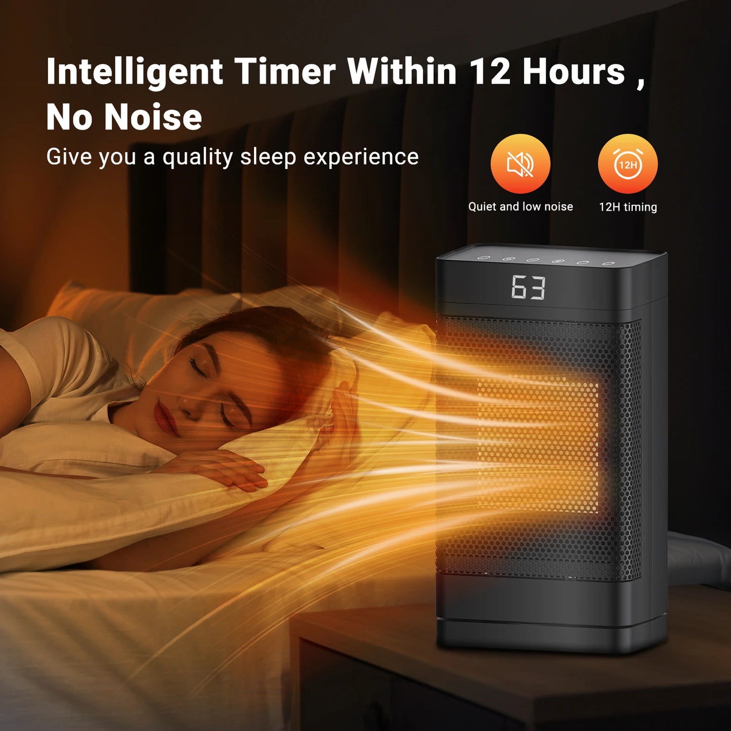 Indoor space heater,0-12 hour timed mode, ceramic fast and safe heating, equipped with ECO thermostat and 70 °swing, memory mode