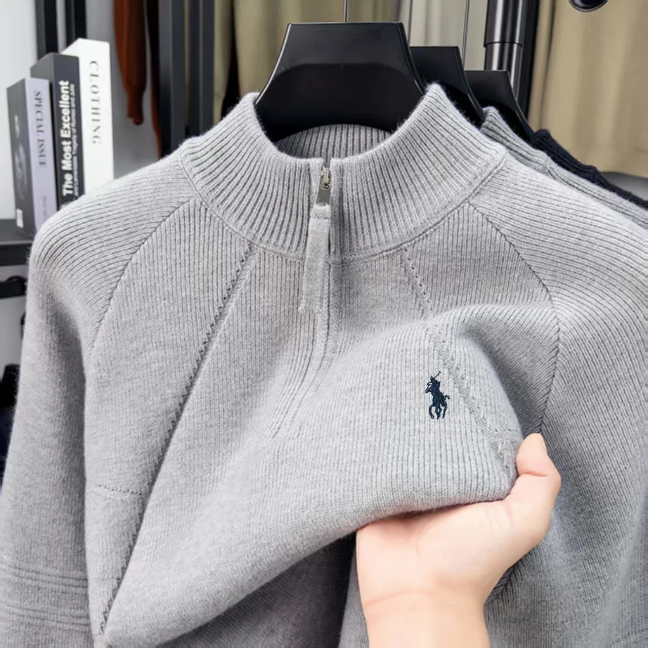 Luxury High-end Embroidery Half Zip Men's High Neck Sweater Fried Dough Twists Pattern Wool Knitting Men's Casual Wear