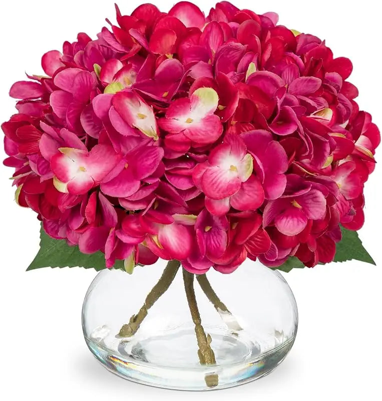 Silk Hydrangea Artificial Flowers in Glass Vase with Faux Water - Home Bathroom Office Table & Shelf Centerpiece Decorations