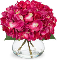 Silk Hydrangea Artificial Flowers in Glass Vase with Faux Water - Home Bathroom Office Table & Shelf Centerpiece Decorations