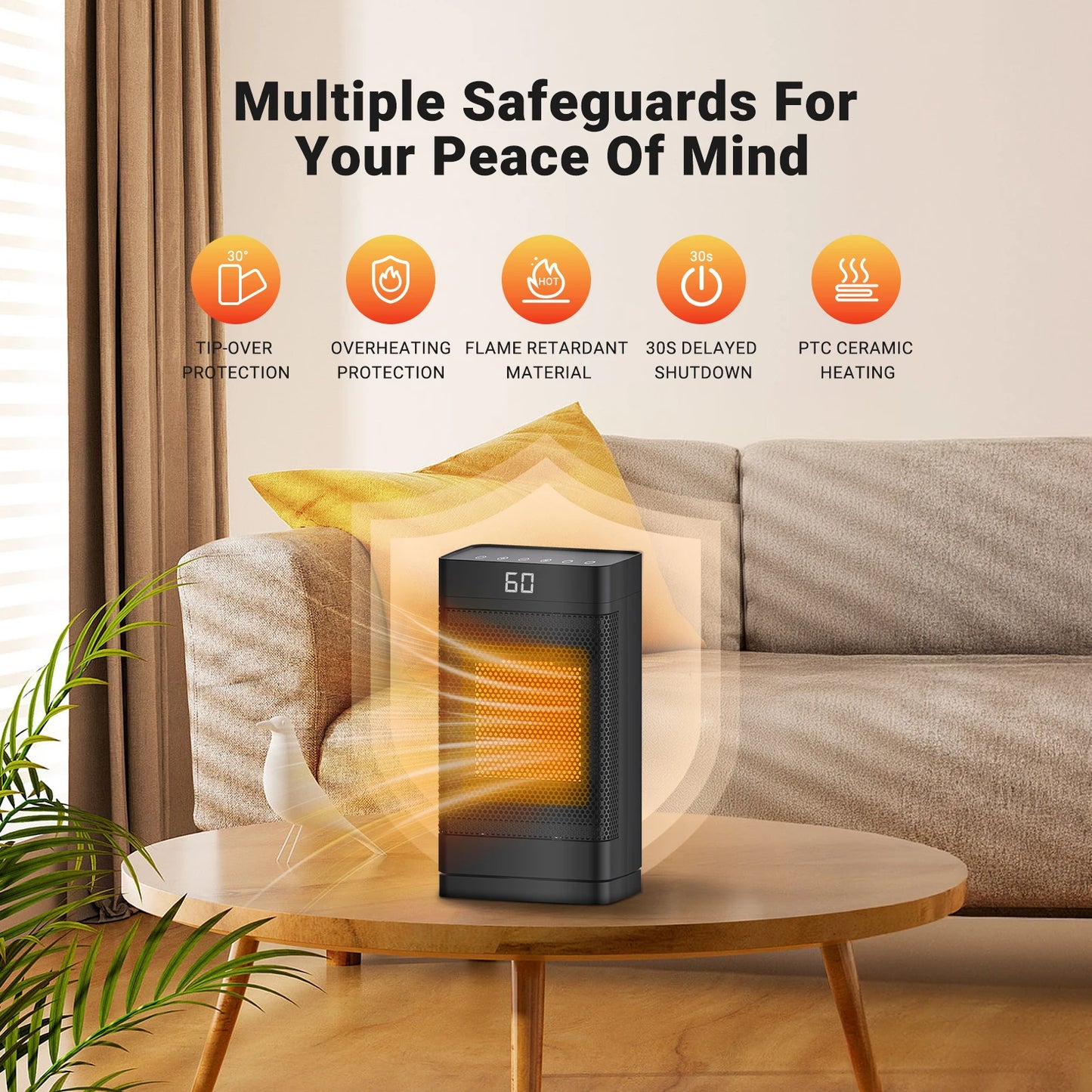 Indoor space heater,0-12 hour timed mode, ceramic fast and safe heating, equipped with ECO thermostat and 70 °swing, memory mode