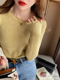 2025 Women Pullovers Knit Soft Sweaters Ruched Autumn Winter Tops O-Neck Ribbed Long Sleeve Korean Slim Female Sweater