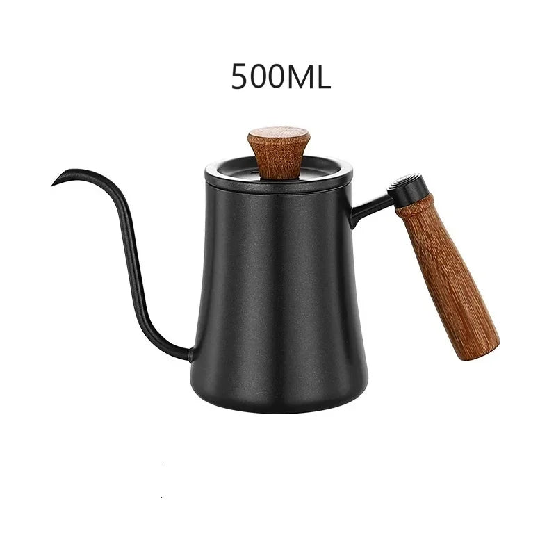 Portable Stainless Drip Jug Coffee Kettle With Thermometer 500 ML Goose Neck Kettle Camping Coffee Pot Wooden Handle Tea Pot