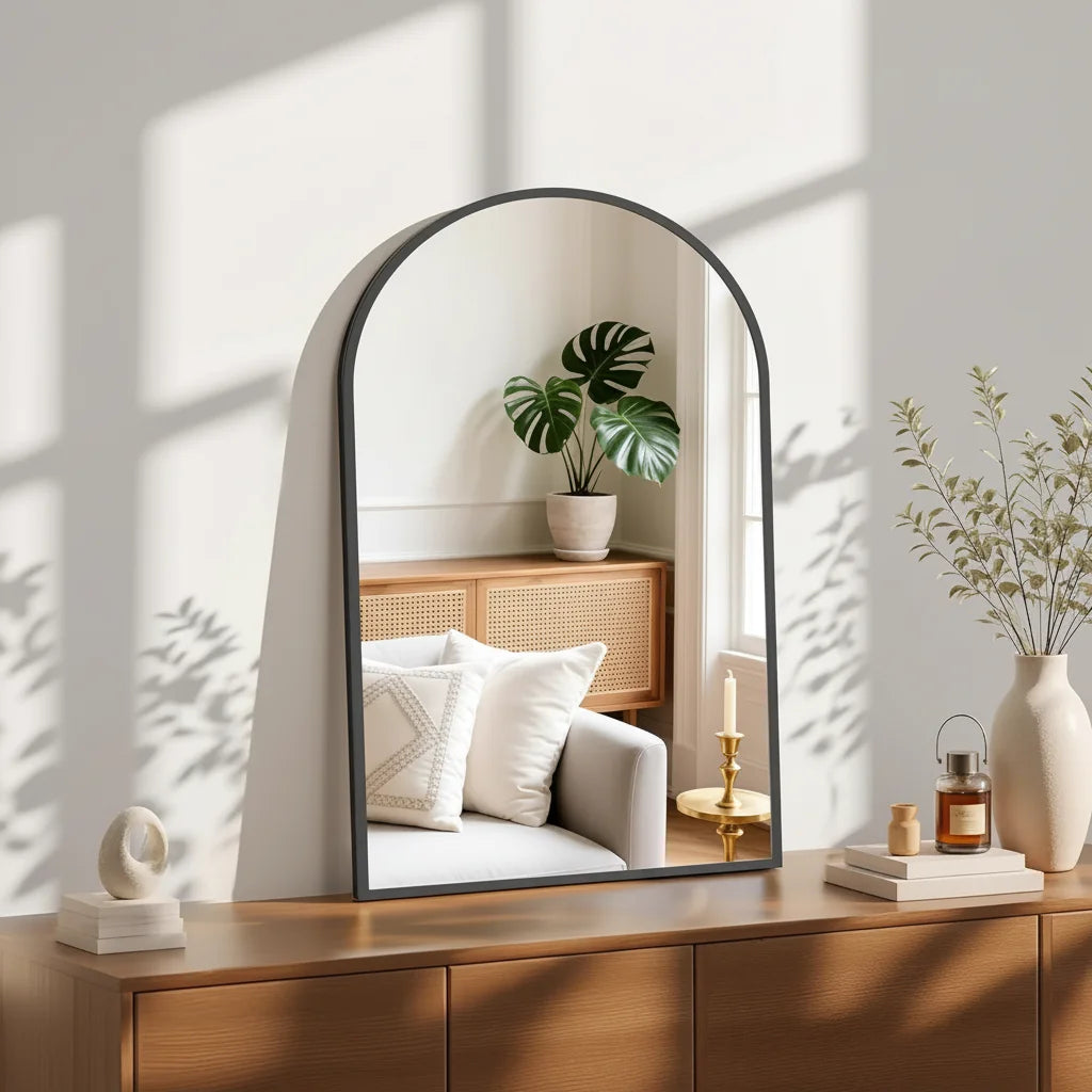 20x30 Arched Black Wall Mirror, Elegant Decor for Bathroom Entryway or Living Room Everyday Use