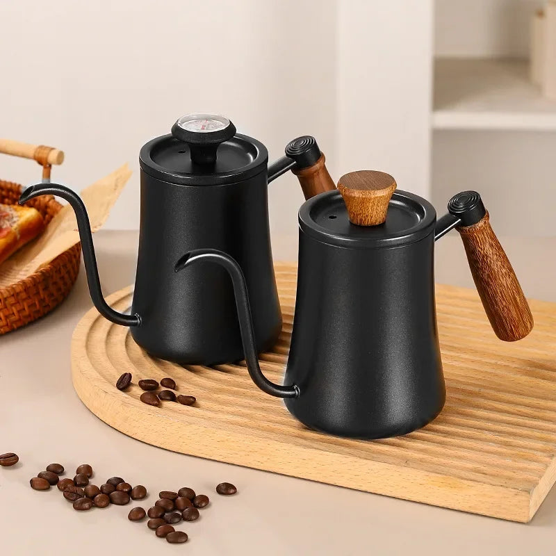 Portable Stainless Drip Jug Coffee Kettle With Thermometer 500 ML Goose Neck Kettle Camping Coffee Pot Wooden Handle Tea Pot