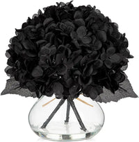 Silk Hydrangea Artificial Flowers in Glass Vase with Faux Water - Home Bathroom Office Table & Shelf Centerpiece Decorations