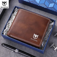 BULLCAPTAN Genuine Leather Men's Wallet RFID Function Fashion Men's Card Clip Wallet Latest Gift Box Men's Business Wallet QB032
