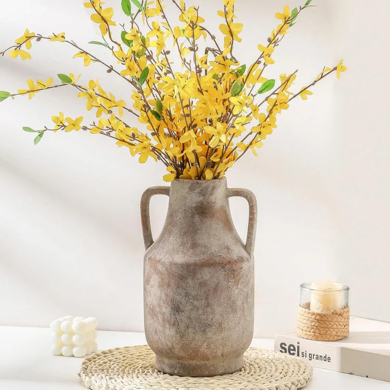 11 Inch Large Ceramic Terracotta Vase with Handles Farmhouse Rustic Style for Home Living Room Table Centerpiece Decor