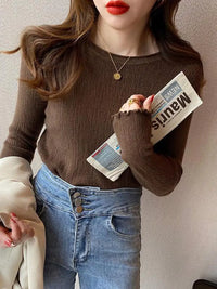2025 Women Pullovers Knit Soft Sweaters Ruched Autumn Winter Tops O-Neck Ribbed Long Sleeve Korean Slim Female Sweater