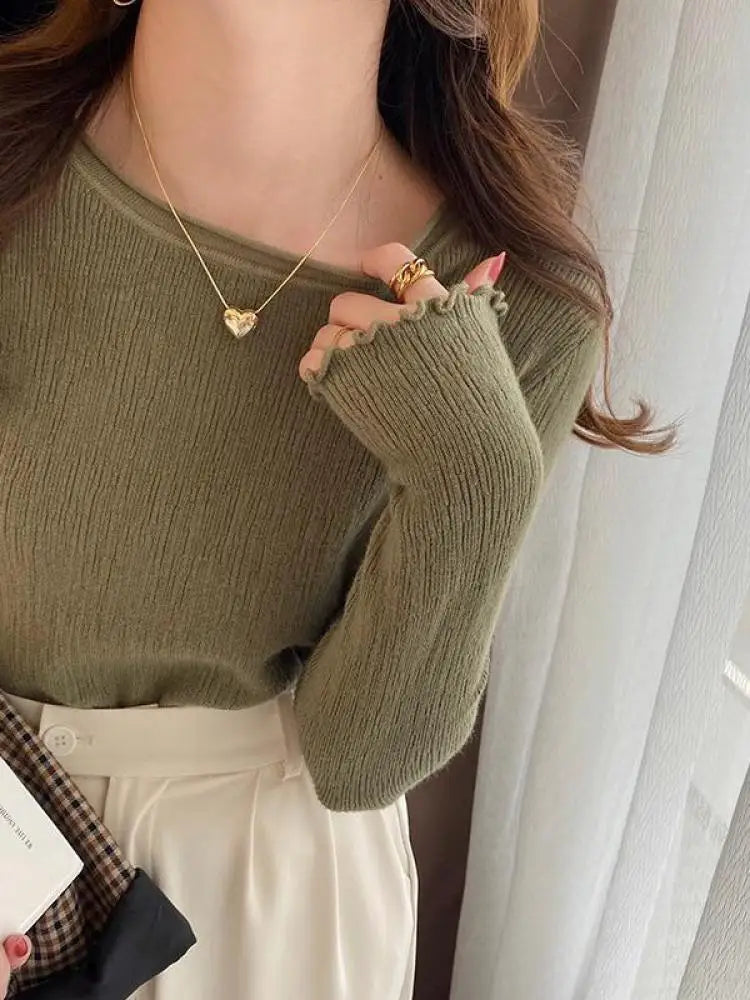 2025 Women Pullovers Knit Soft Sweaters Ruched Autumn Winter Tops O-Neck Ribbed Long Sleeve Korean Slim Female Sweater