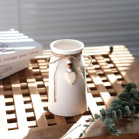 6" White Ceramic Vase with Jute Rope & Heart Charm – Boho Farmhouse Decor Flower Vase