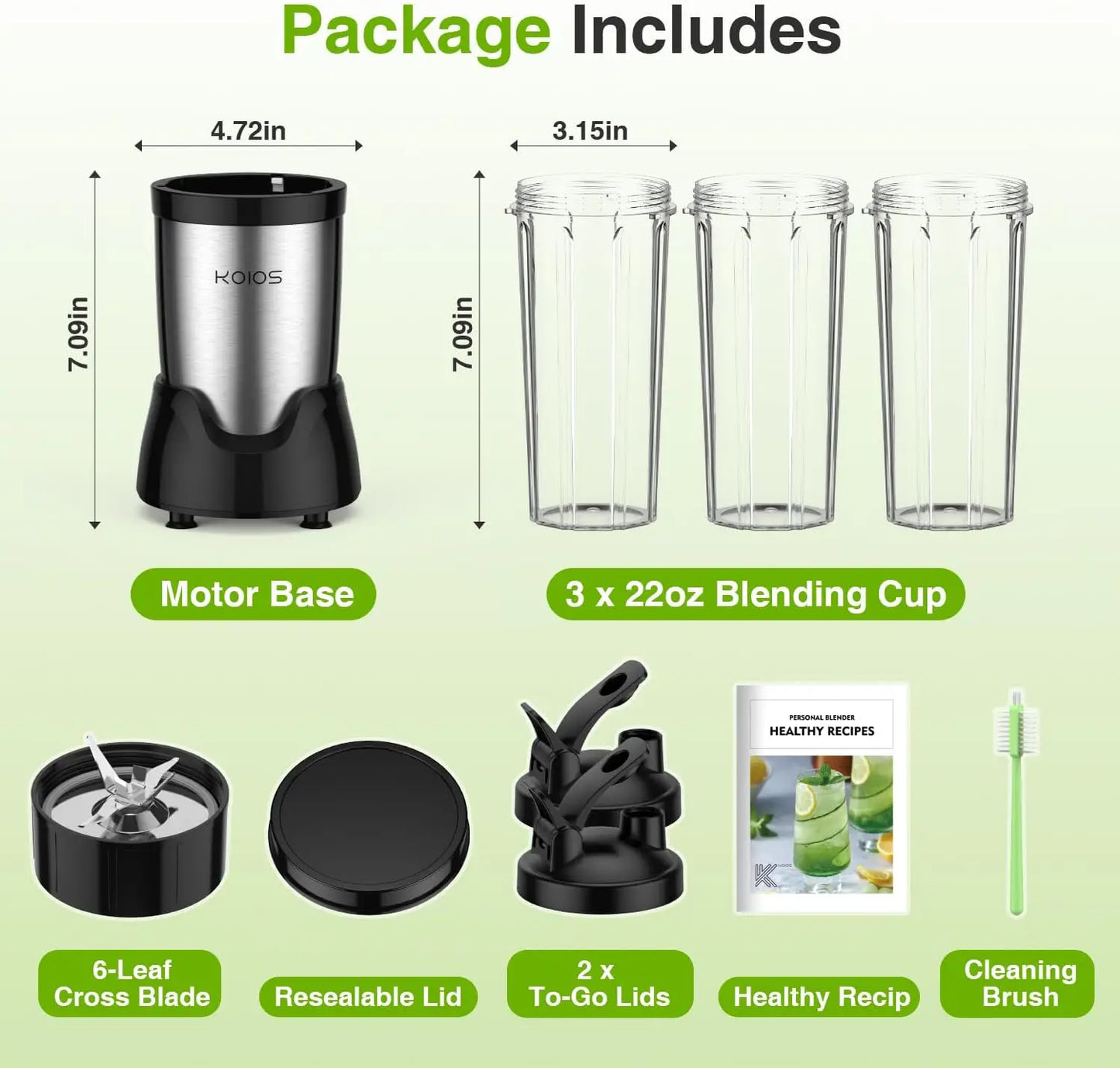 Personal Blender with 3 To-Go Cups, 22000 RPM for Smoothies and Shakes, Detachable Blade, Portable Kitchen Appliance in Black
