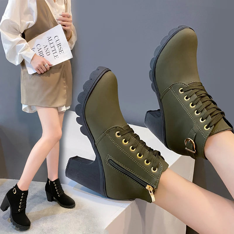 Women's Winter Warm Ankle Boots: Thick Sole & High Heel - Black PU Leather, Side Zipper with Lace-Up Detail, Plain Toe | Chic Ev