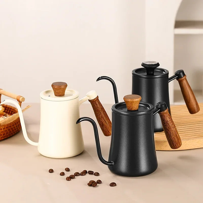 Portable Stainless Drip Jug Coffee Kettle With Thermometer 500 ML Goose Neck Kettle Camping Coffee Pot Wooden Handle Tea Pot