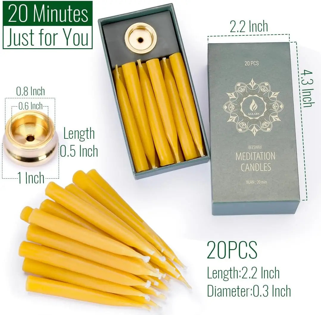 20-Minute Dripless Beeswax Candles, Set of 20 with Brass Holders for Meditation and Relaxation