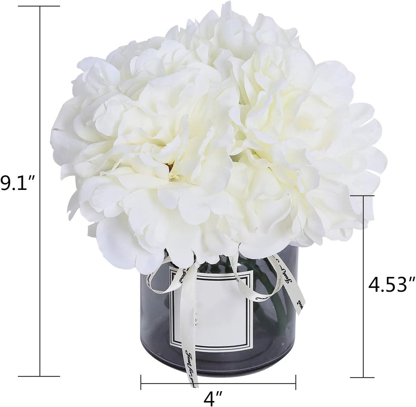 Silk Hydrangea Artificial Flowers in Glass Vase with Faux Water - Home Bathroom Office Table & Shelf Centerpiece Decorations