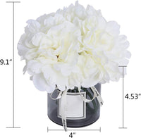 Silk Hydrangea Artificial Flowers in Glass Vase with Faux Water - Home Bathroom Office Table & Shelf Centerpiece Decorations