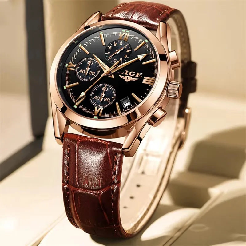 LIGE Fashion Mens Watches Top Brand Luxury Military Quartz Watch Premium Leather Waterproof Sport Chronograph Watch for Man+Box