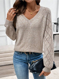 Autumn and Winter New Fashion Woman Sweater Pullover Lattice Weave V-Neck Long Sleeve Knit Top