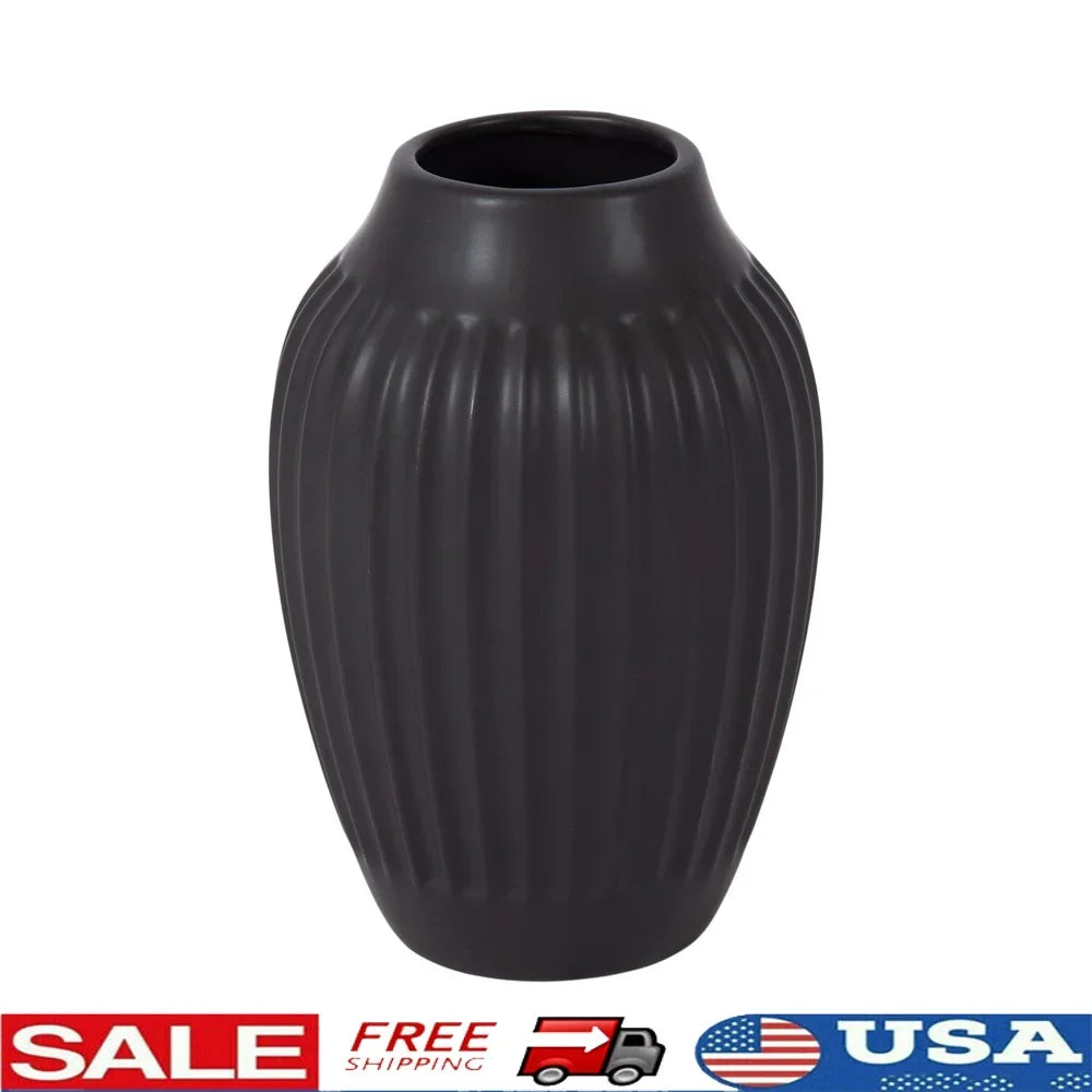 Ribbed Matte Black Ceramic Curved Vase Tabletop Decorative Flower Arrangements Elegant Home Decor Gift Idea Indoor Use