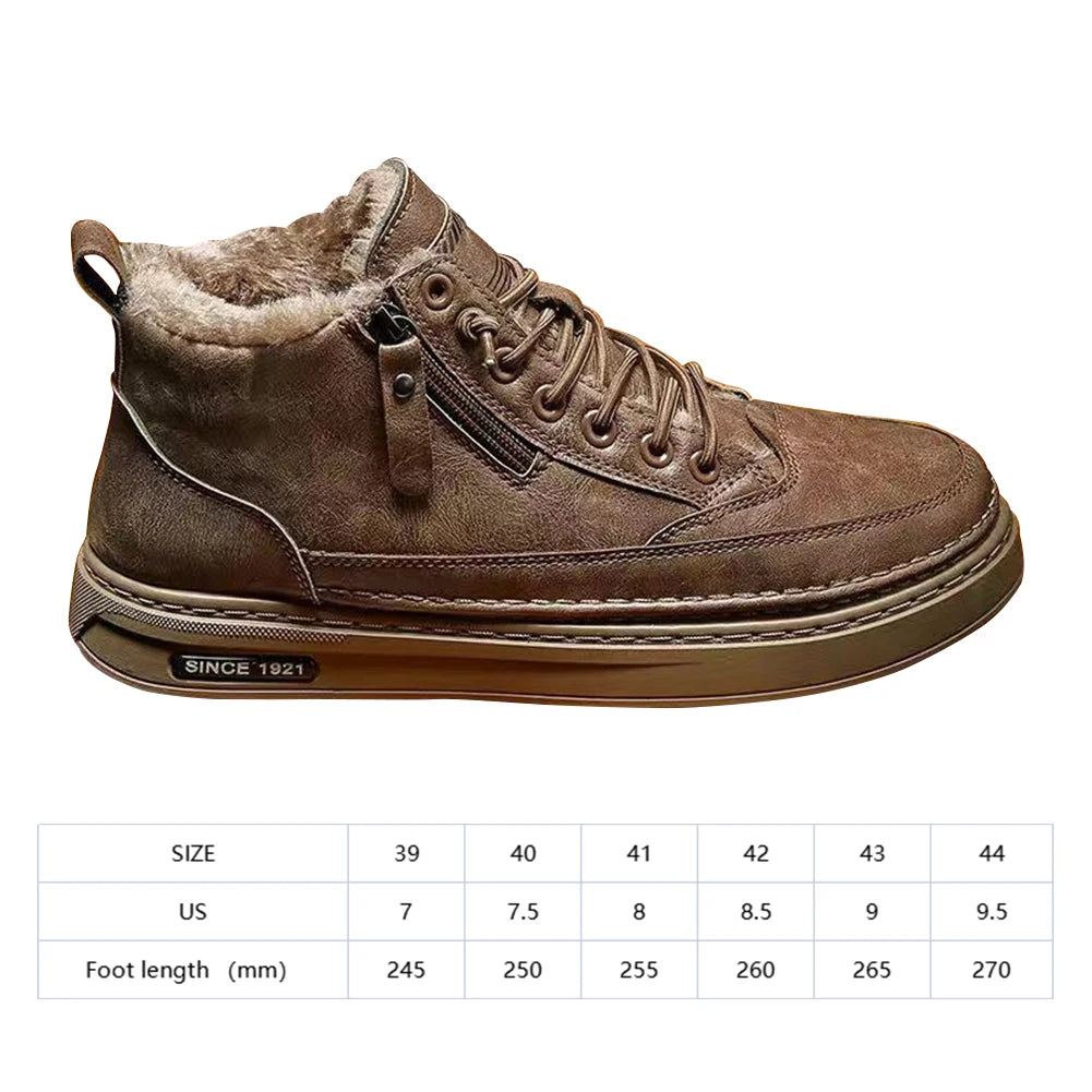 PU Leather Warm Plush Shoes Waterproof Short Snow Boots Lightweight Boots Comfortable Mens Thickened for Outdoor Travel