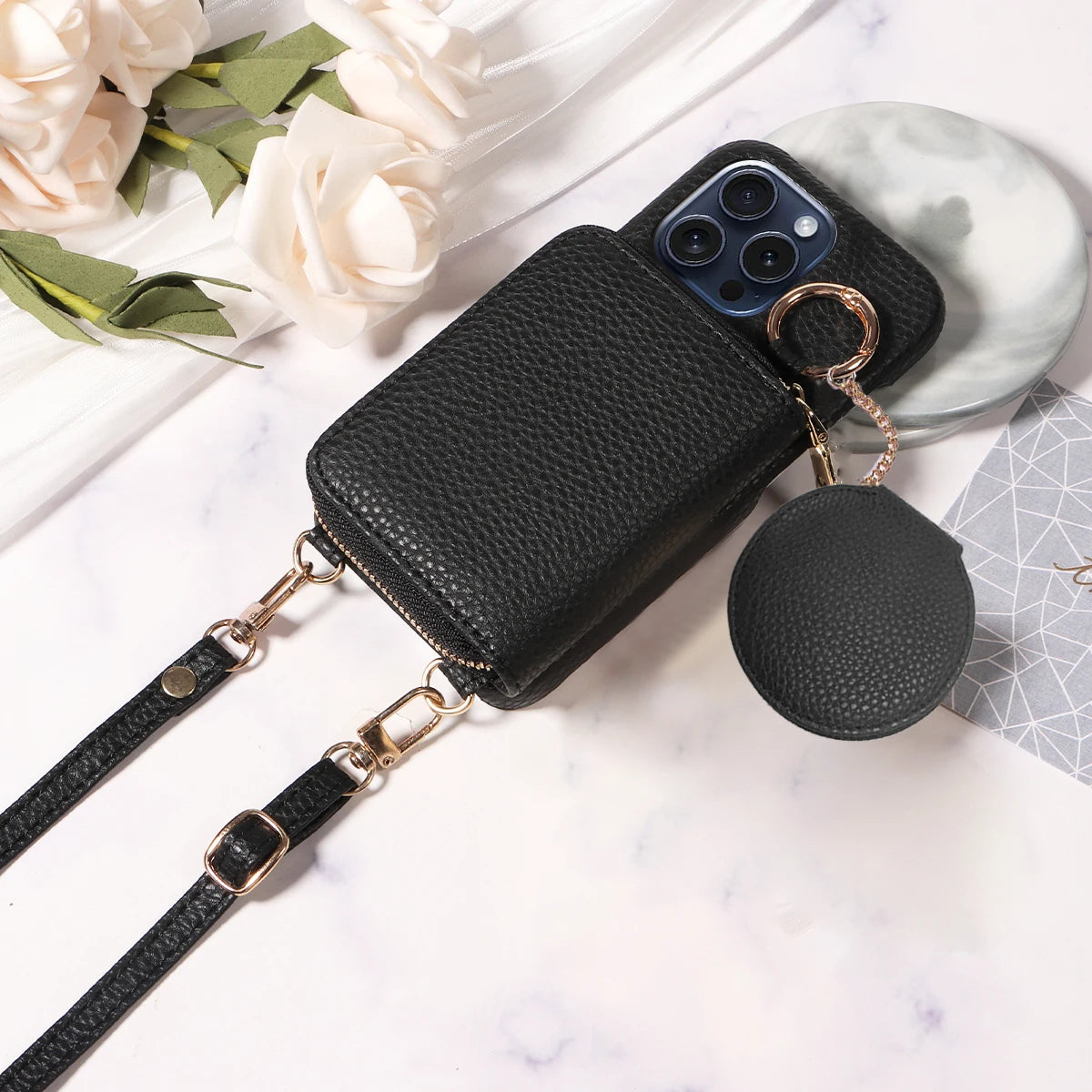 PU Leather Wallet Phone Case For iPhone 16promax 16e 15 14 13 12 11promax plus 7 8 XS XR Crossbody Strap with Card Slots Cover