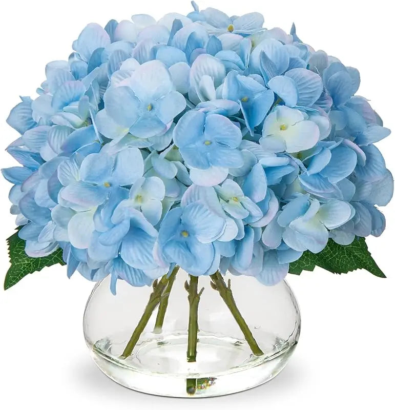 Silk Hydrangea Artificial Flowers in Glass Vase with Faux Water - Home Bathroom Office Table & Shelf Centerpiece Decorations