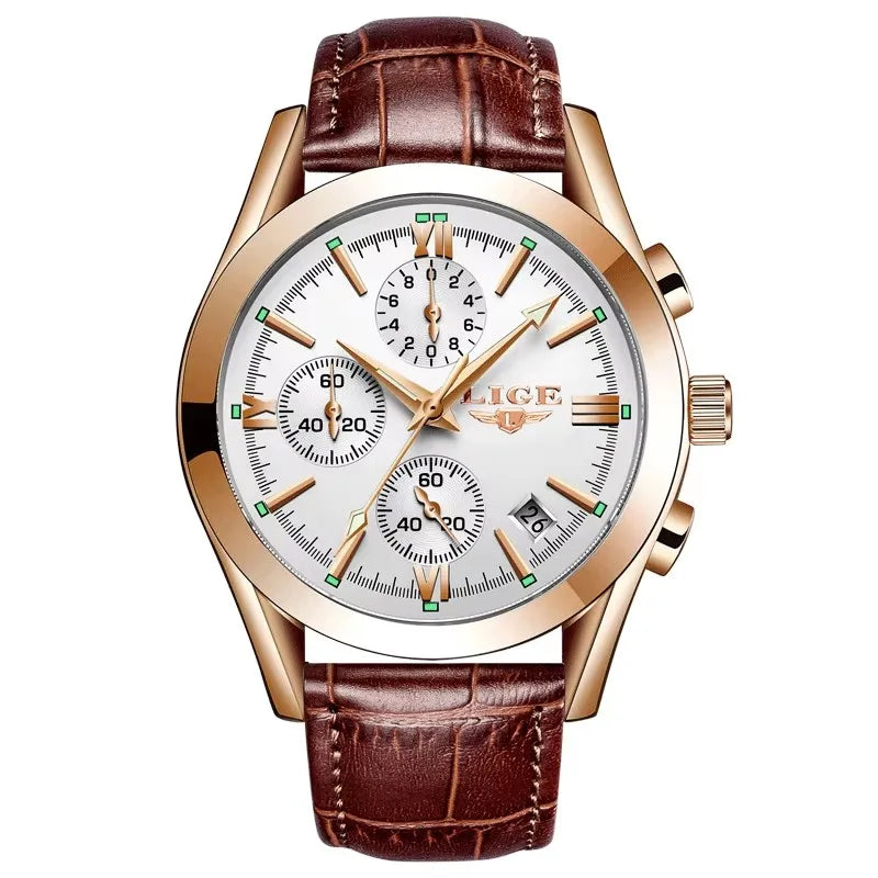 LIGE Fashion Mens Watches Top Brand Luxury Military Quartz Watch Premium Leather Waterproof Sport Chronograph Watch for Man+Box